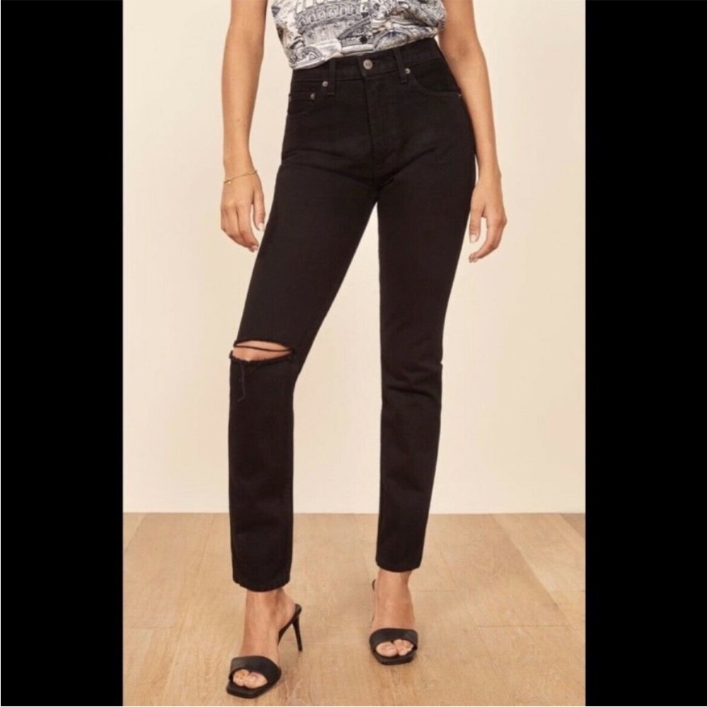 Reformation SAMPLE Julia High Cigarette Jeans Black Destroyed with Knee Patch - Picture 9 of 13